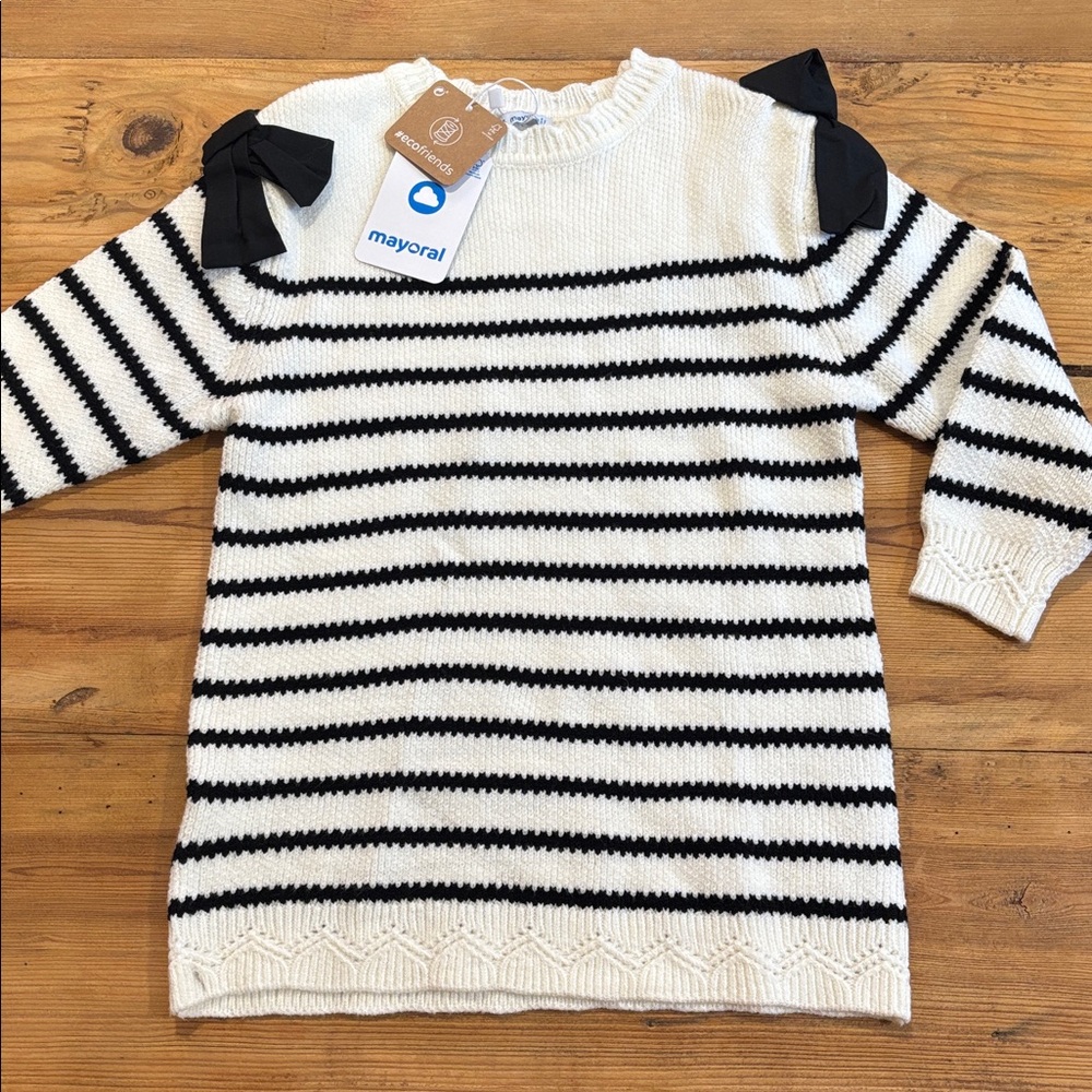 New! MAYORAL 4 Black & White Macchiato Bow Shoulder Sweater Dress Stripe